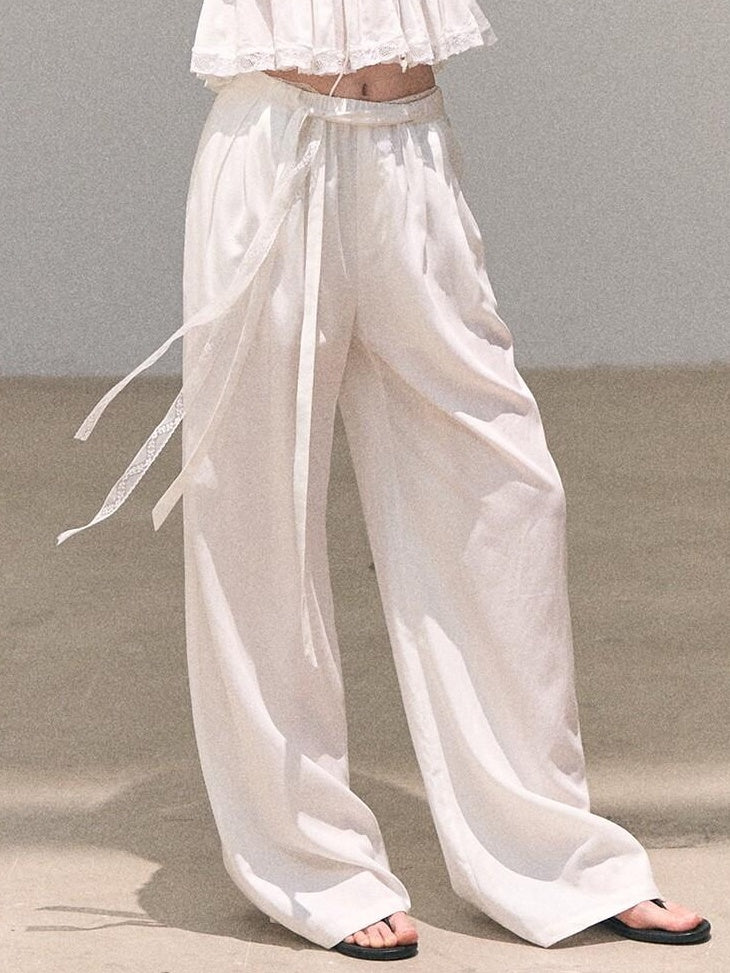 7 OAKMOO Lyocell Linen Breathable Casual Natural Waist Straight Navy White Wide Leg Pants