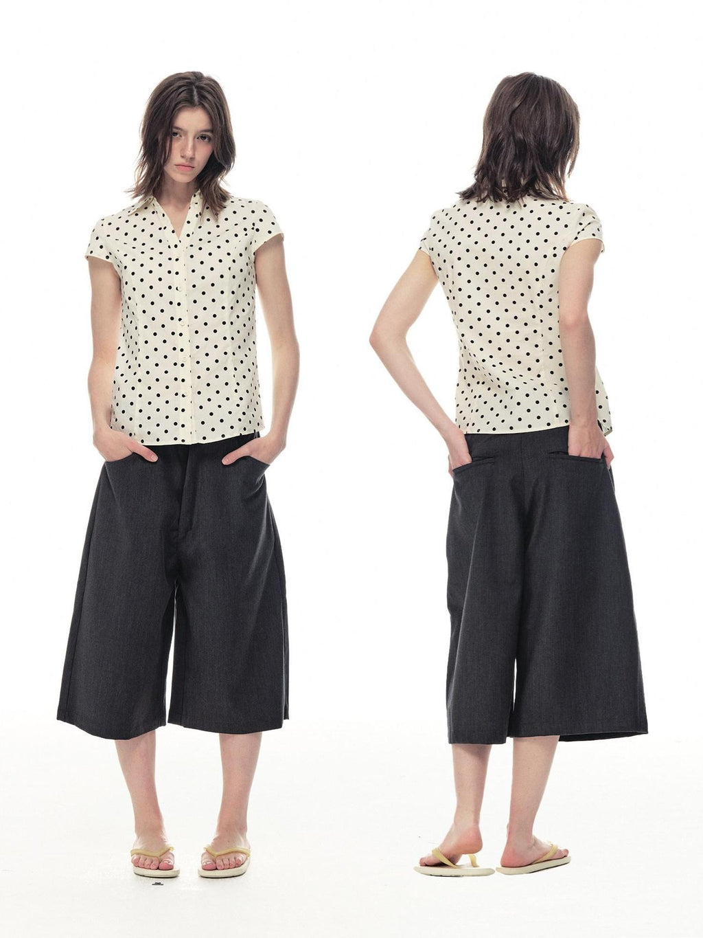 Country Moment Breathable Cotton Slim V-neck Polka Dot Button Cardigan Women Beige Shirts