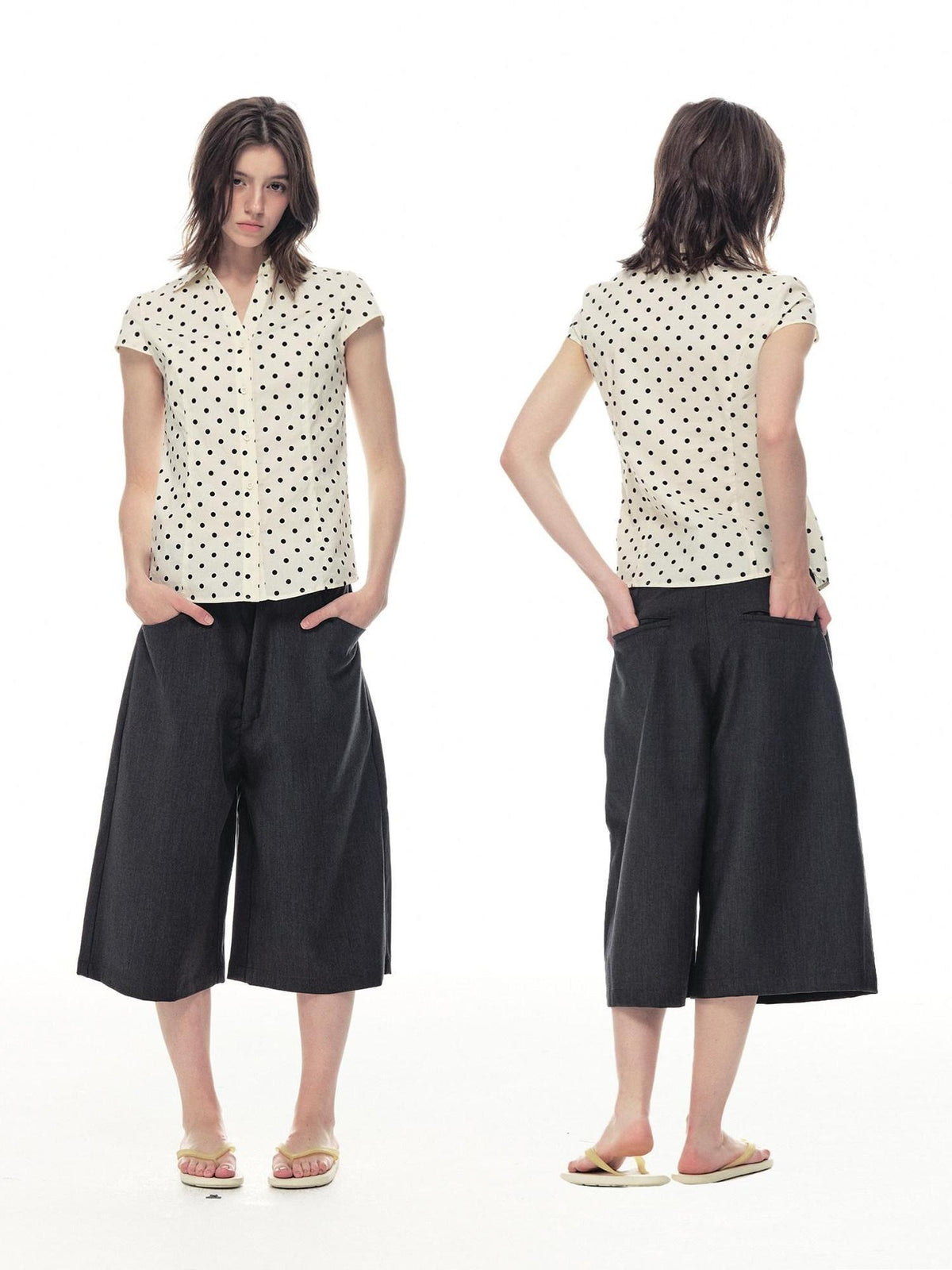 Country Moment Breathable Cotton Slim V-neck Polka Dot Button Cardigan Women Beige Shirts