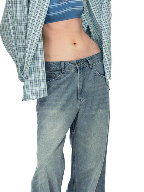 Country Moment Soft Breathable Mid Rise Stone Wash Loose Casual Unisex Denim Blue Wide Leg Jeans
