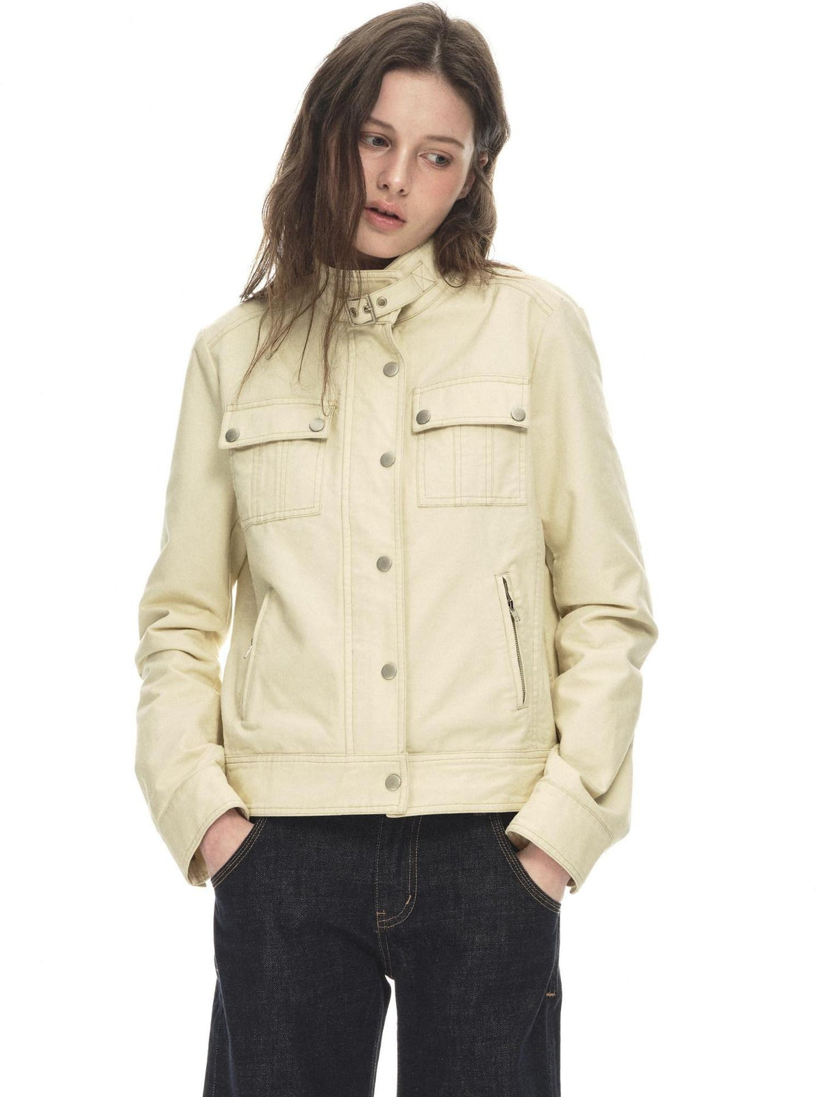 Country Moment Durable Cotton Button Loose Fit Vintage Stand Collar Women Cropped Jackets