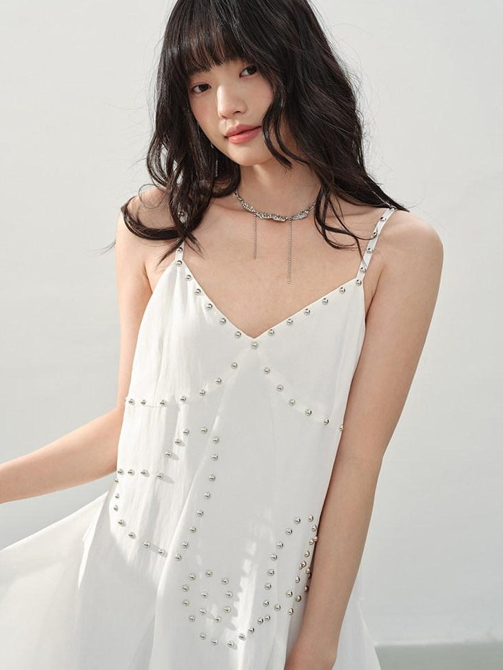 DDGIRL studio Soft Beaded Girly A Line V-neck Spaghetti Strap Cotton Wedding Midi Dresses