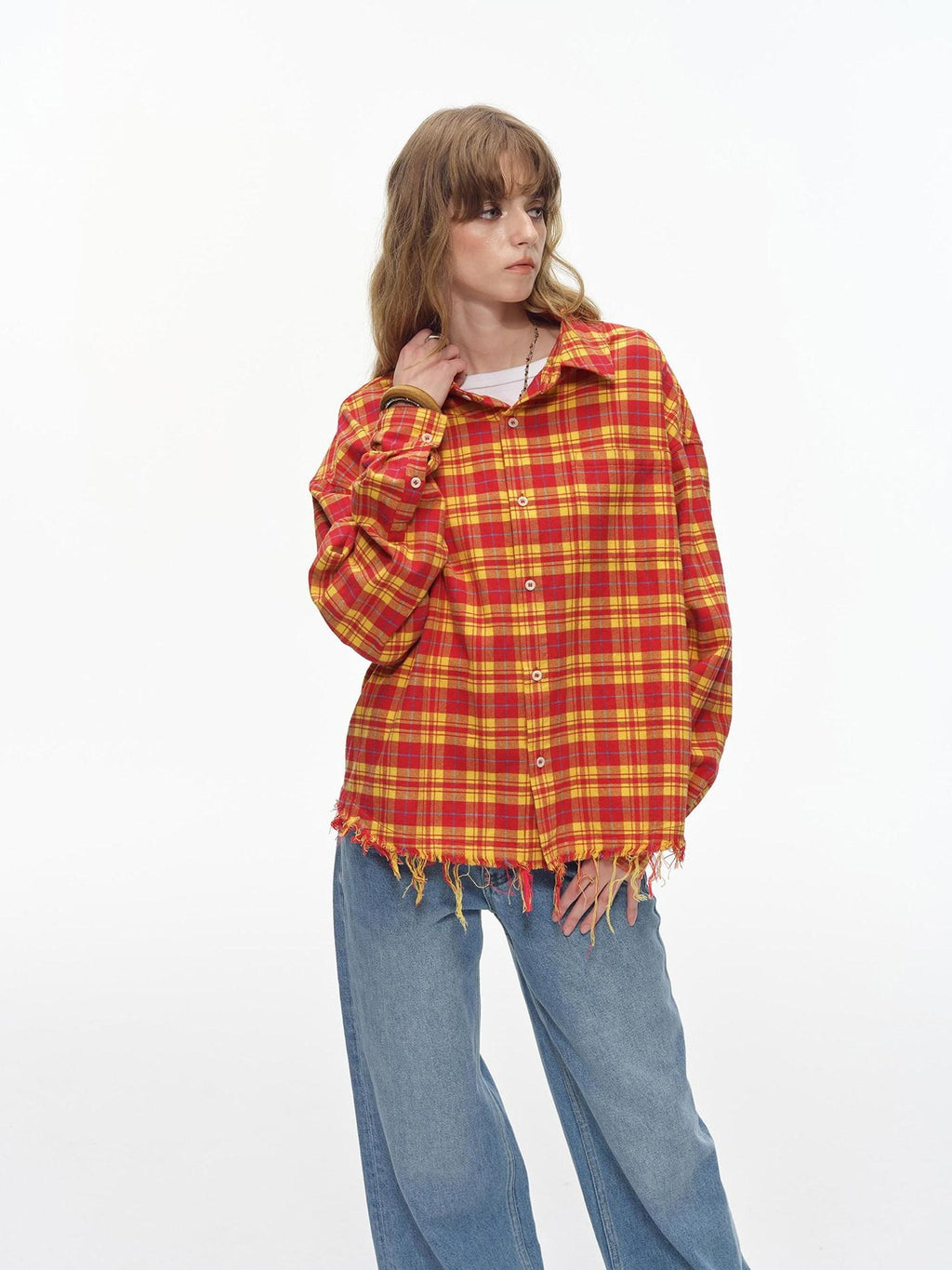 Country Moment Breathable Cotton Loose Plaid Fringe Unisex Longsleeve Button Collar Shirts