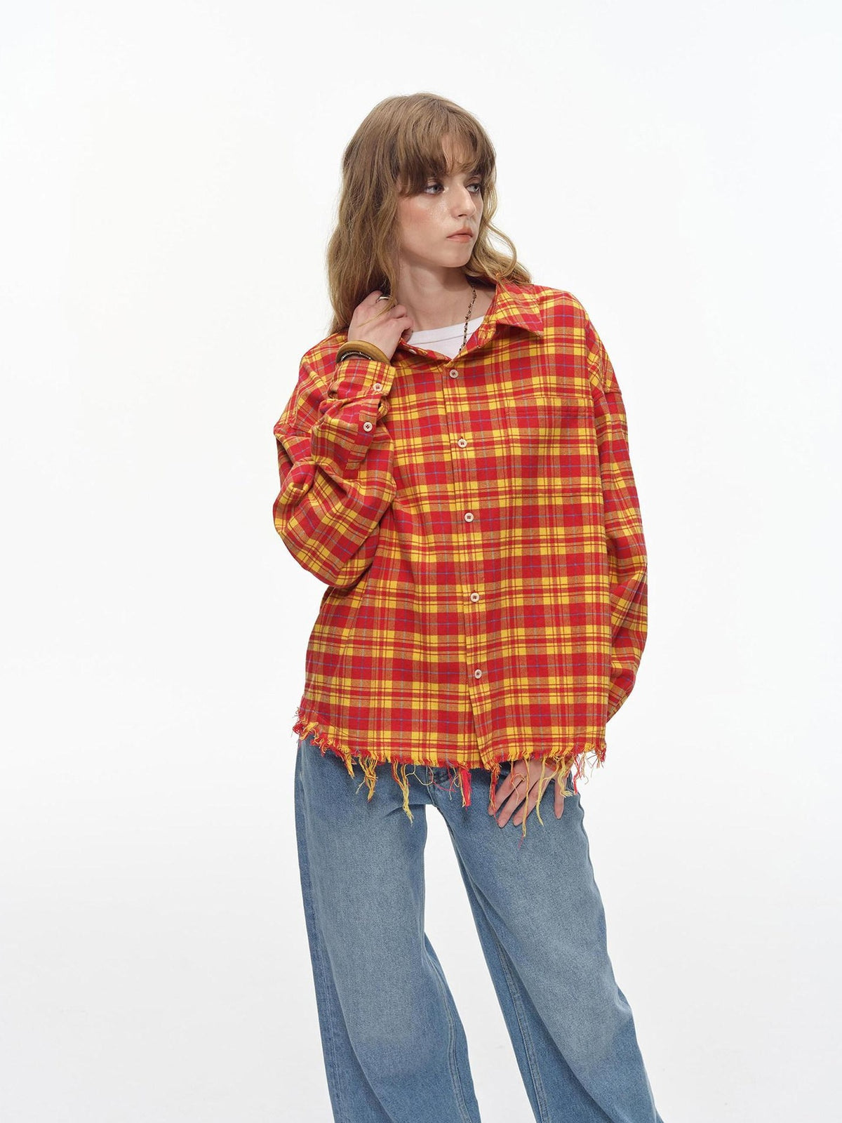 Country Moment Breathable Cotton Loose Plaid Fringe Unisex Longsleeve Button Collar Shirts
