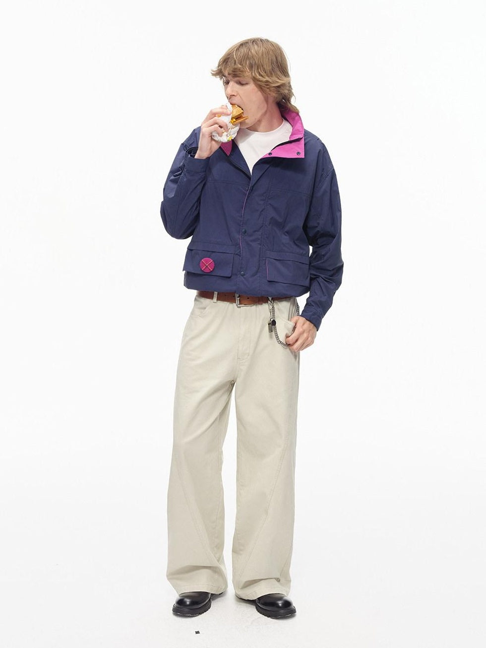 Country Moment Washed Patchwork Pure Cotton Mid Rise Loose Straight Youth Casual Wide Leg Pants