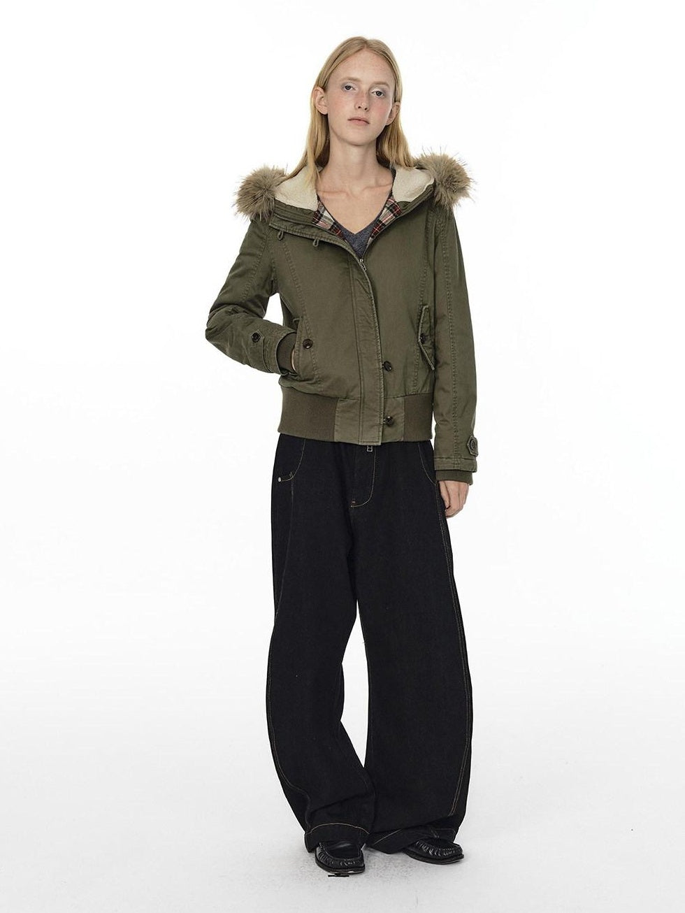 Country Moment Mid Rise Contrast Stitching Loose Fit Unisex Cotton Blend Black Wide Leg Jeans