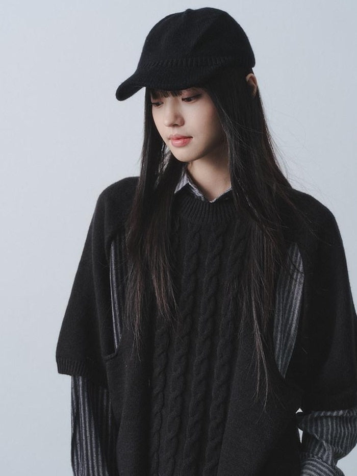 DDGIRL studio Warm Openwork Striped Knit Two Piece Loose Fit Collared Women Sweaters