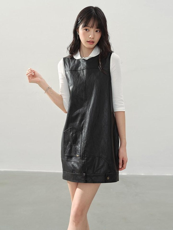 DDGIRL studio Soft Vintage Pu A Line Sleeveless Round Neck Loose Fit Black City Mini Dresses