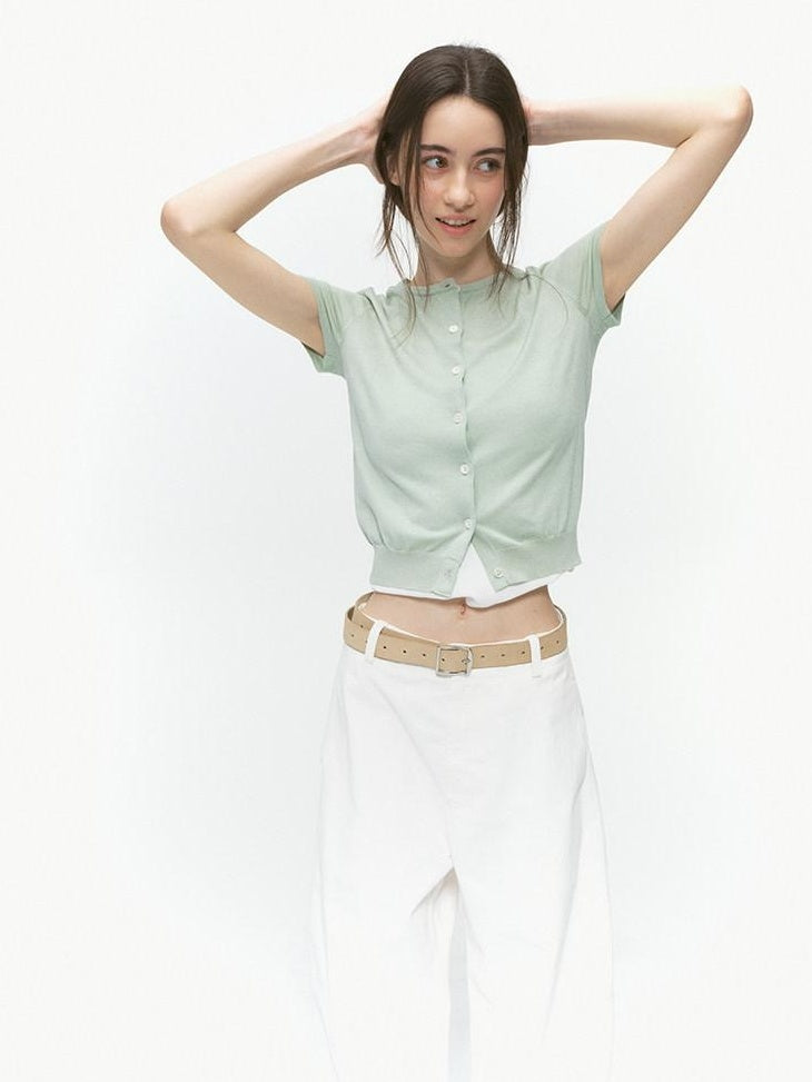 Country Moment Silk Touch Wool Blend Slim Fit Short Sleeve Crop Round Neck Knit Cardigans
