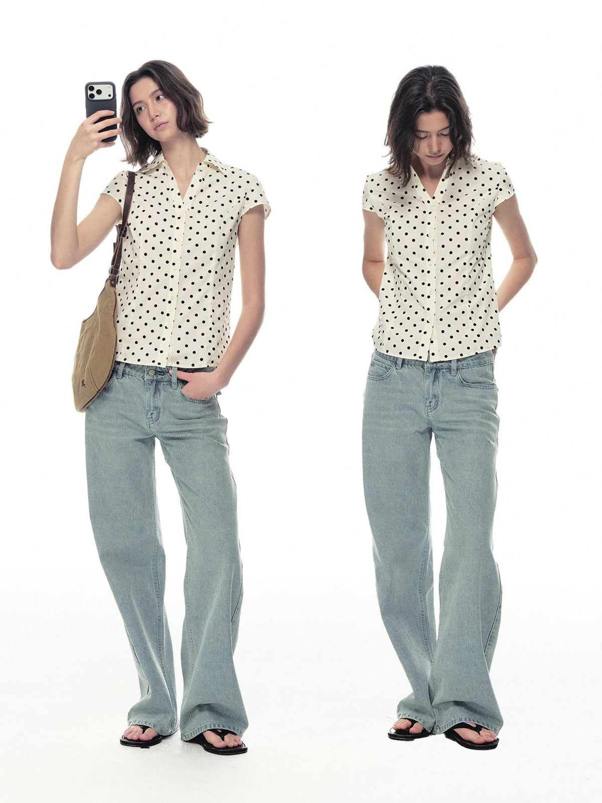 Country Moment Breathable Cotton Slim V-neck Polka Dot Button Cardigan Women Beige Shirts