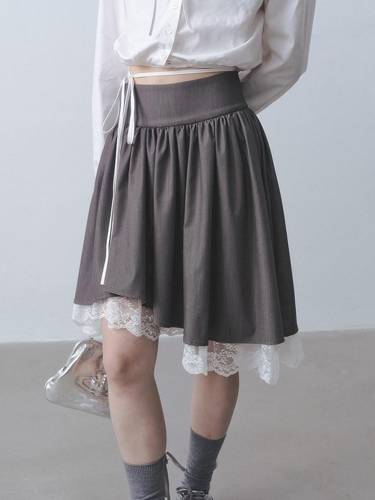 DDGIRL studio Durable Shape Retention Pleated Lace Asymmetric Relaxed Fit High Waist Midi Skirts