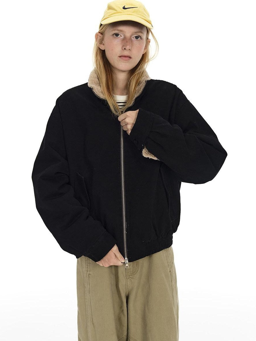 Country Moment Fleece Lined Stand Collar Unisex 100 Percent Cotton Black Cropped Jackets