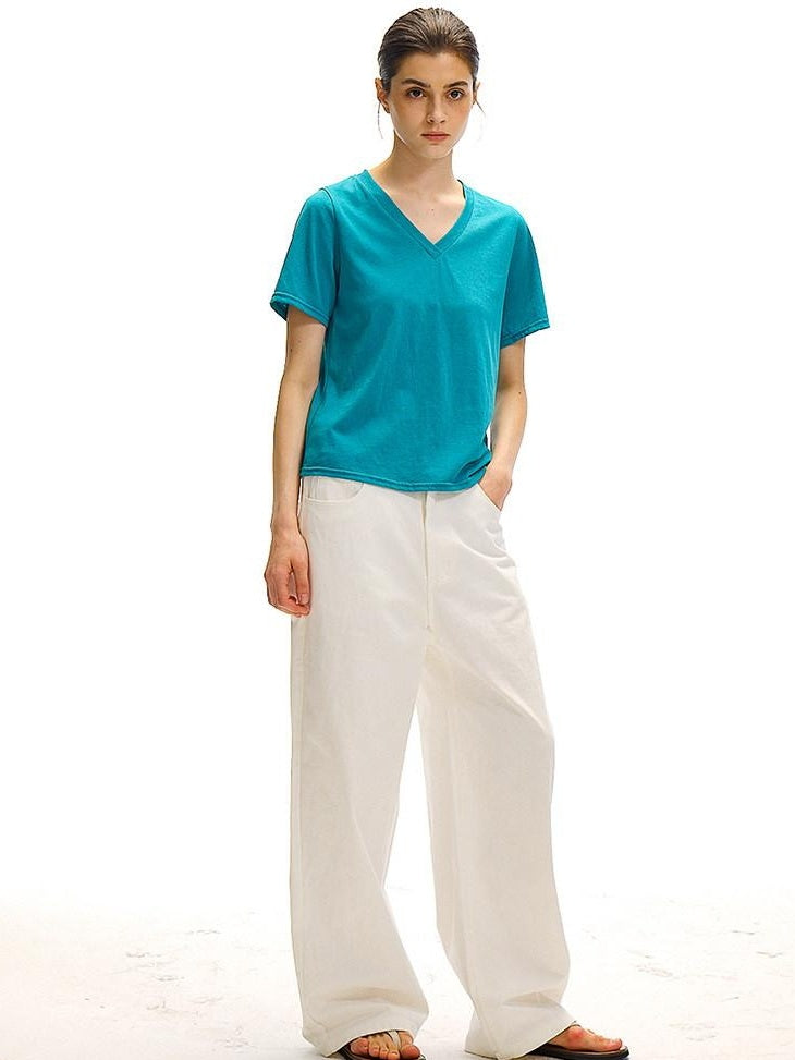 Country Moment Moisture Wicking Street Straight V-neck Cotton Blend White Short Sleeve T-Shirts