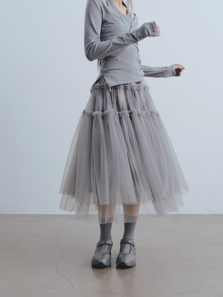 DDGIRL studio Non Deforming High Waist Mesh Patchwork Pleated Lined Women Gray Midi Skirts
