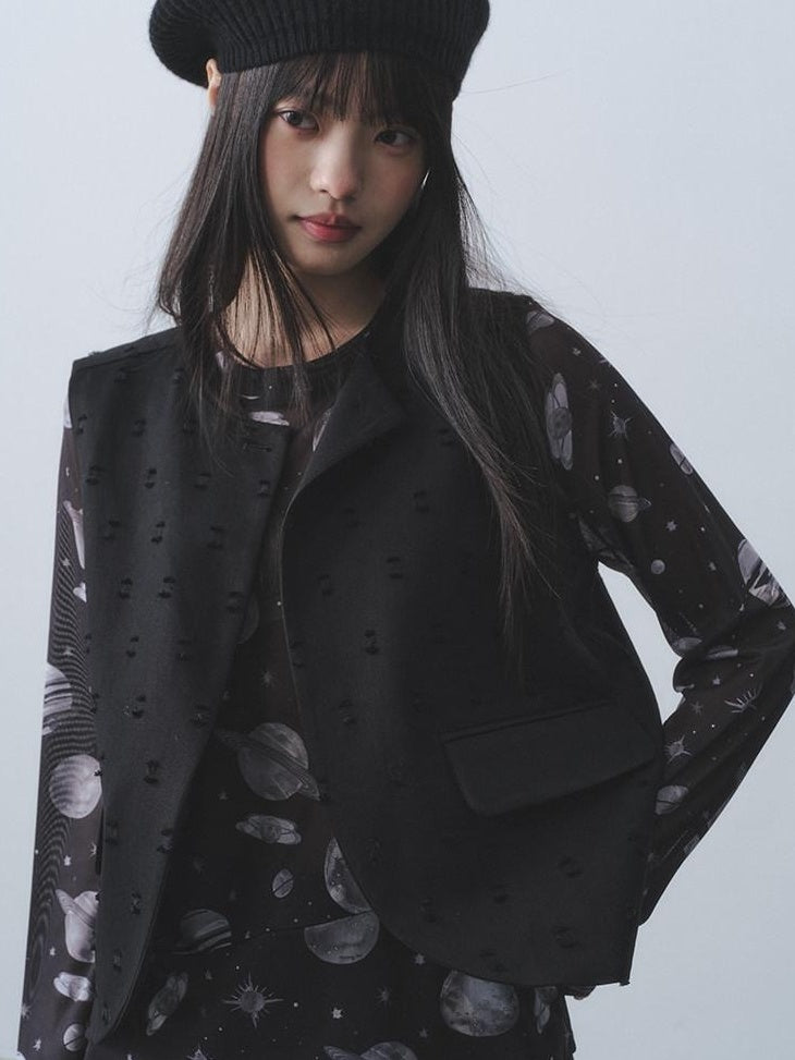 DDGIRL studio Lightweight Hand Distressed Commuter Loose Fit Student Black Flap Pocket Vests