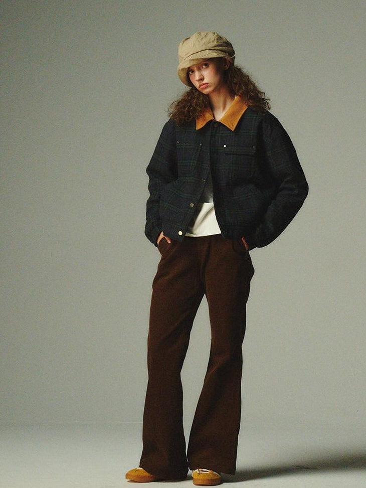 Country Moment Warm Insulated Loose Fit Plaid Cropped Teen Polyester Filled Puffer Jackets