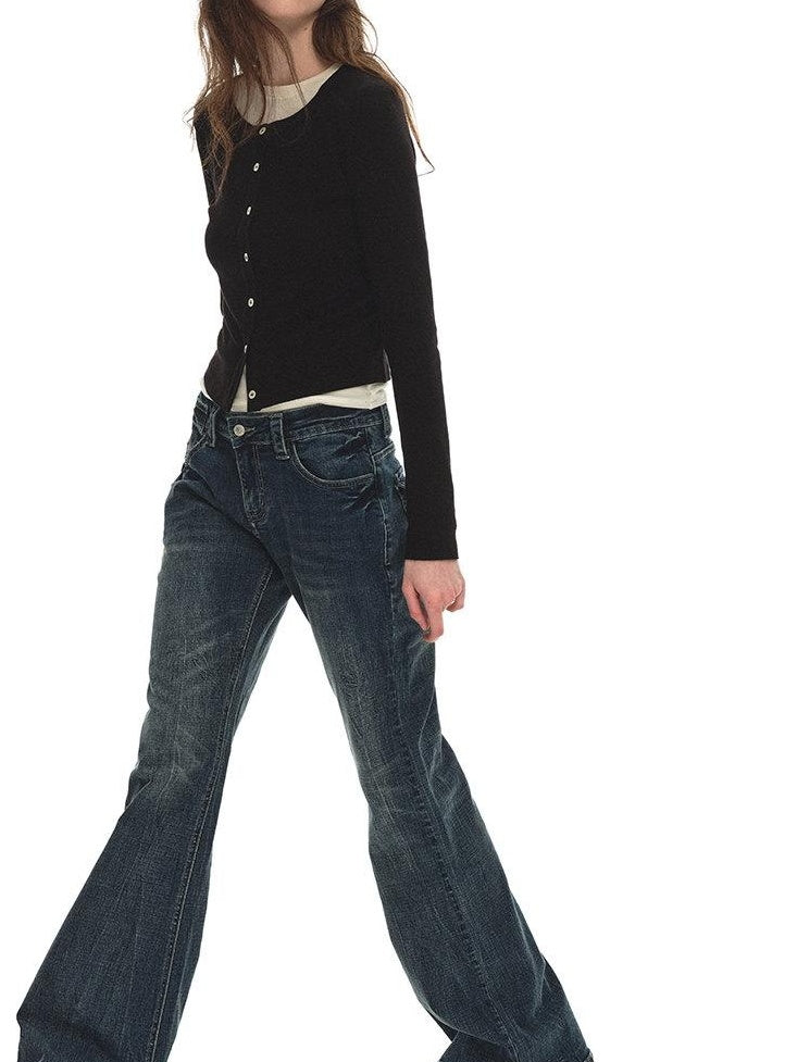Country Moment Soft Cotton Blend Slim Cropped Round Neck Women Black Button Cardigans