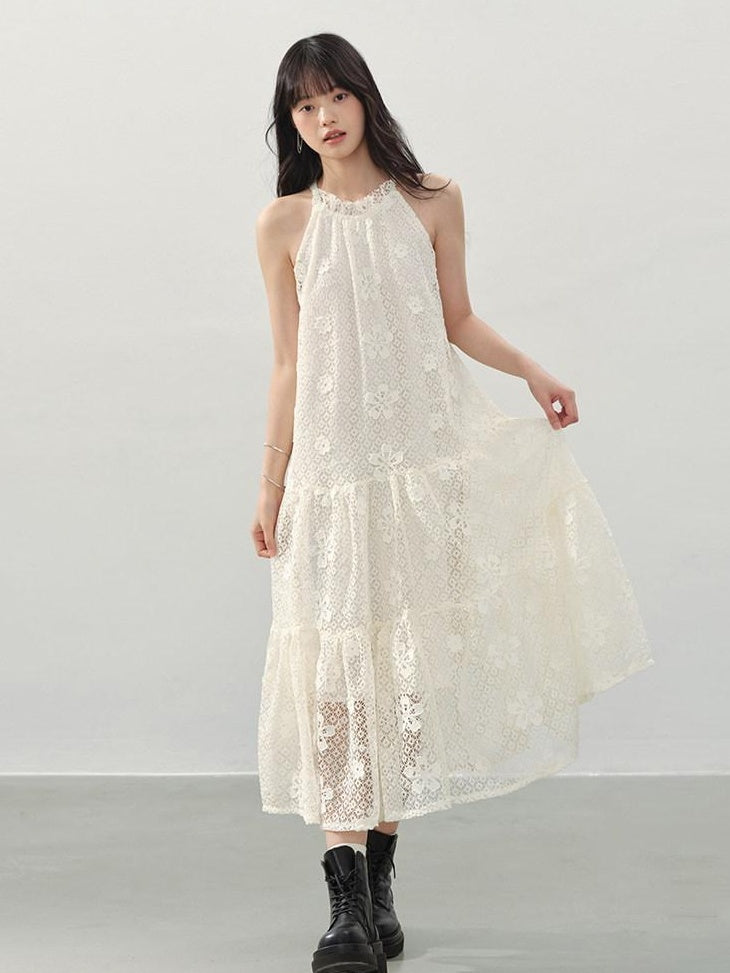 DDGIRL studio Soft Breathable Eyelet A Line Girly Sleeveless Vacation Cream Midi Dresses