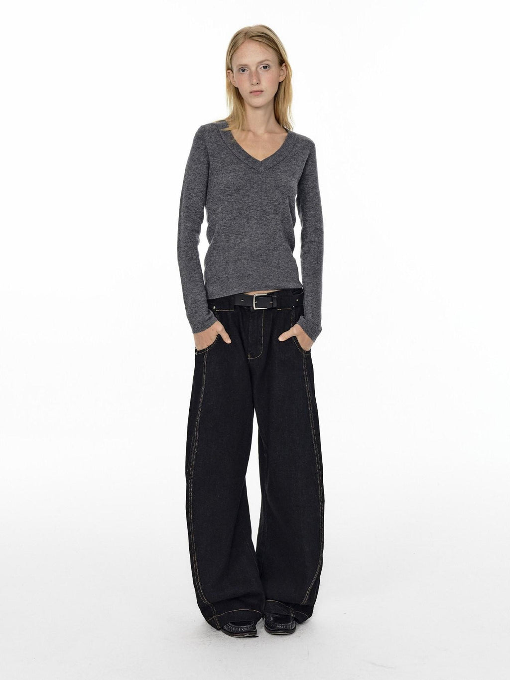 Country Moment Mid Rise Contrast Stitching Loose Fit Unisex Cotton Blend Black Wide Leg Jeans