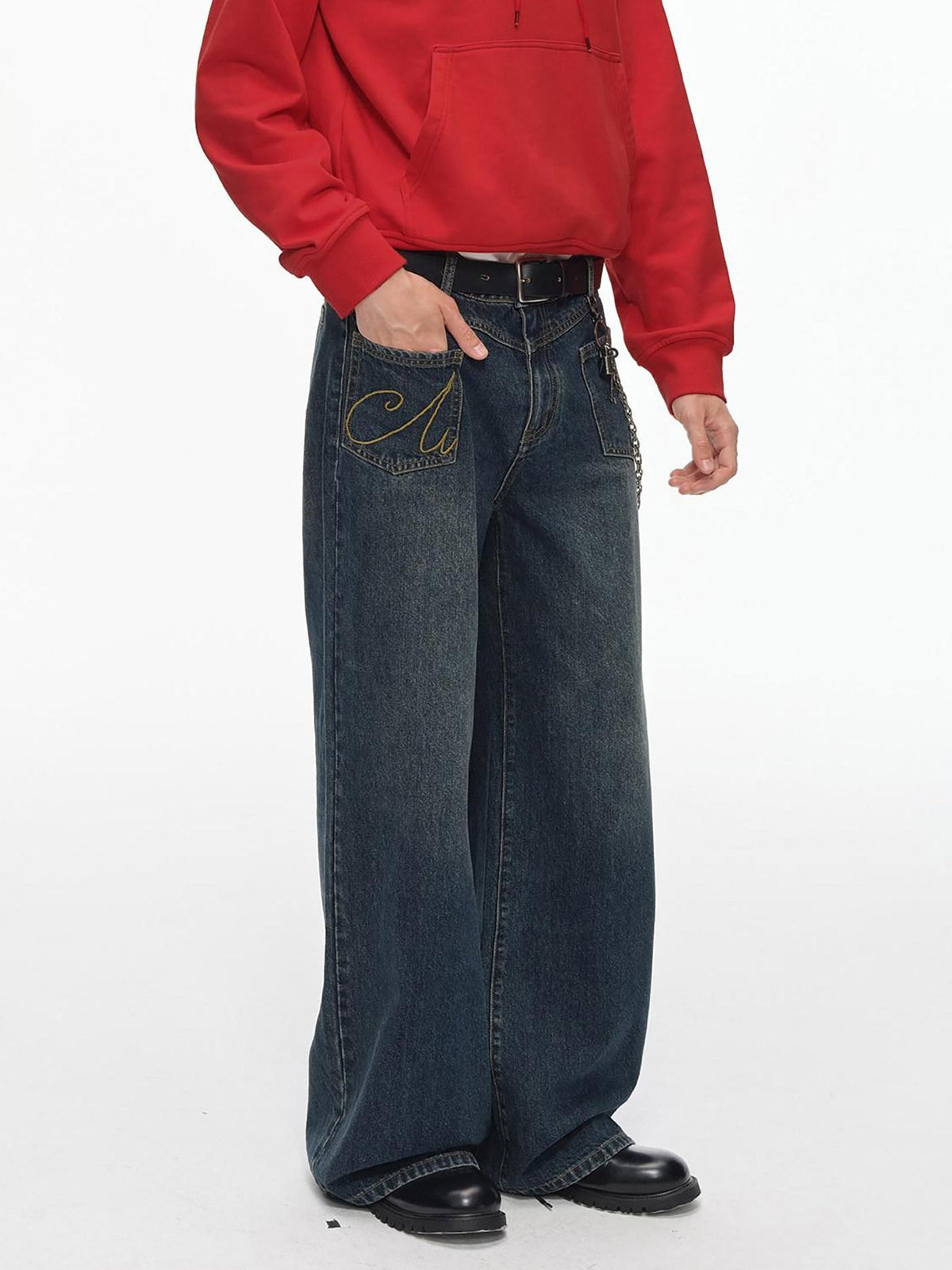 Country Moment Breathable Cotton Embroidered Mid Rise Loose Stonewash Wide Leg Jeans