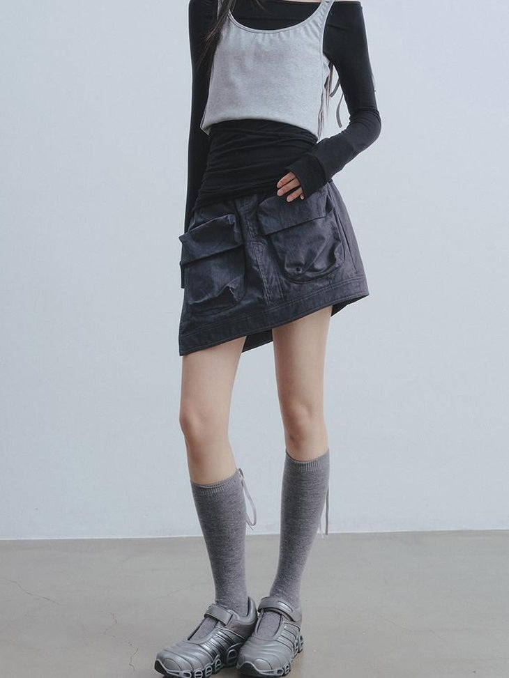 DDGIRL studio Soft 100 Percent Cotton High Waist Cargo Office Women Dark Gray Mini Skirts