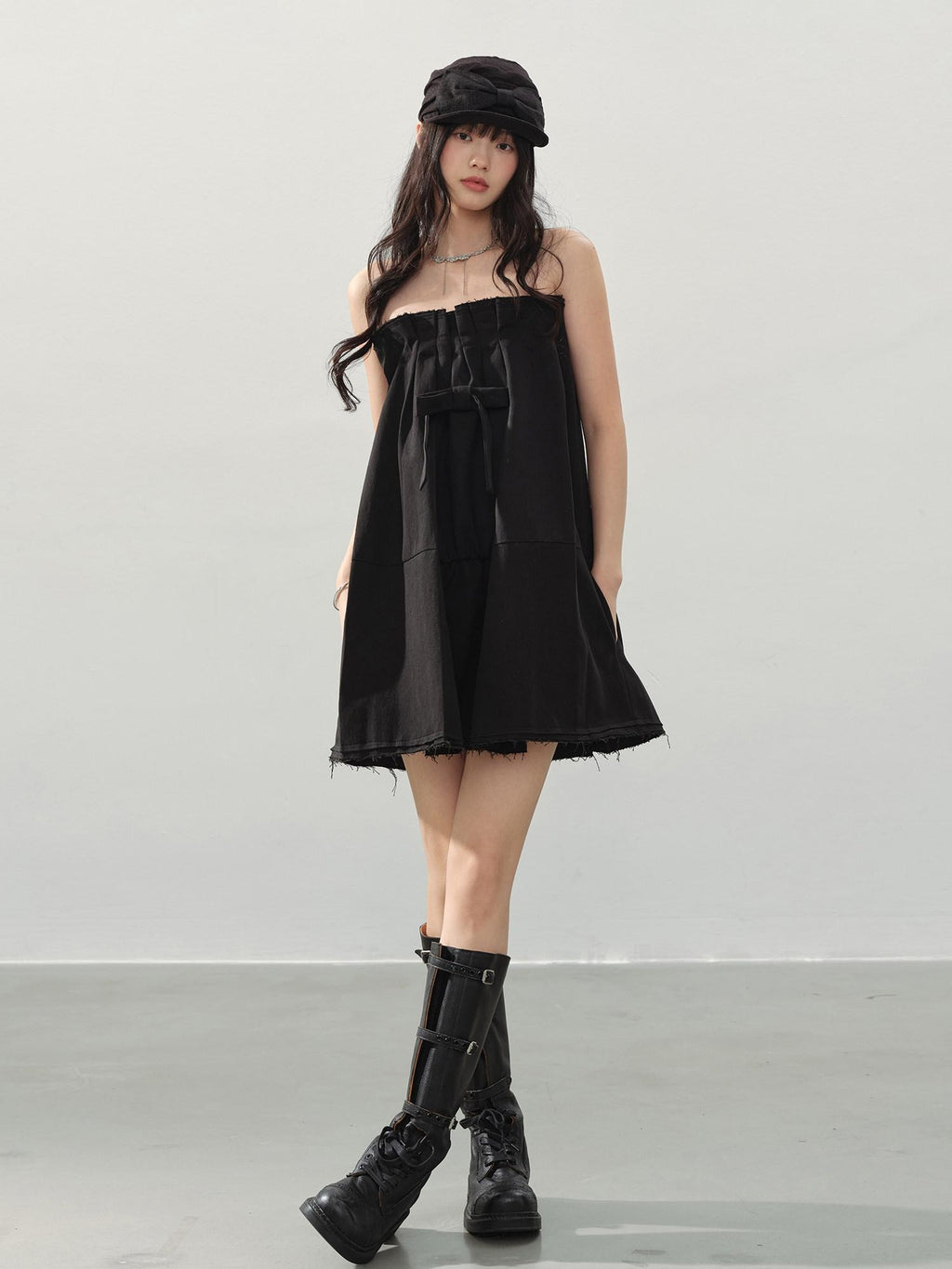DDGIRL studio Soft Cotton Blend High Waist Bow A Line Strapless Workwear Women Mini Dresses