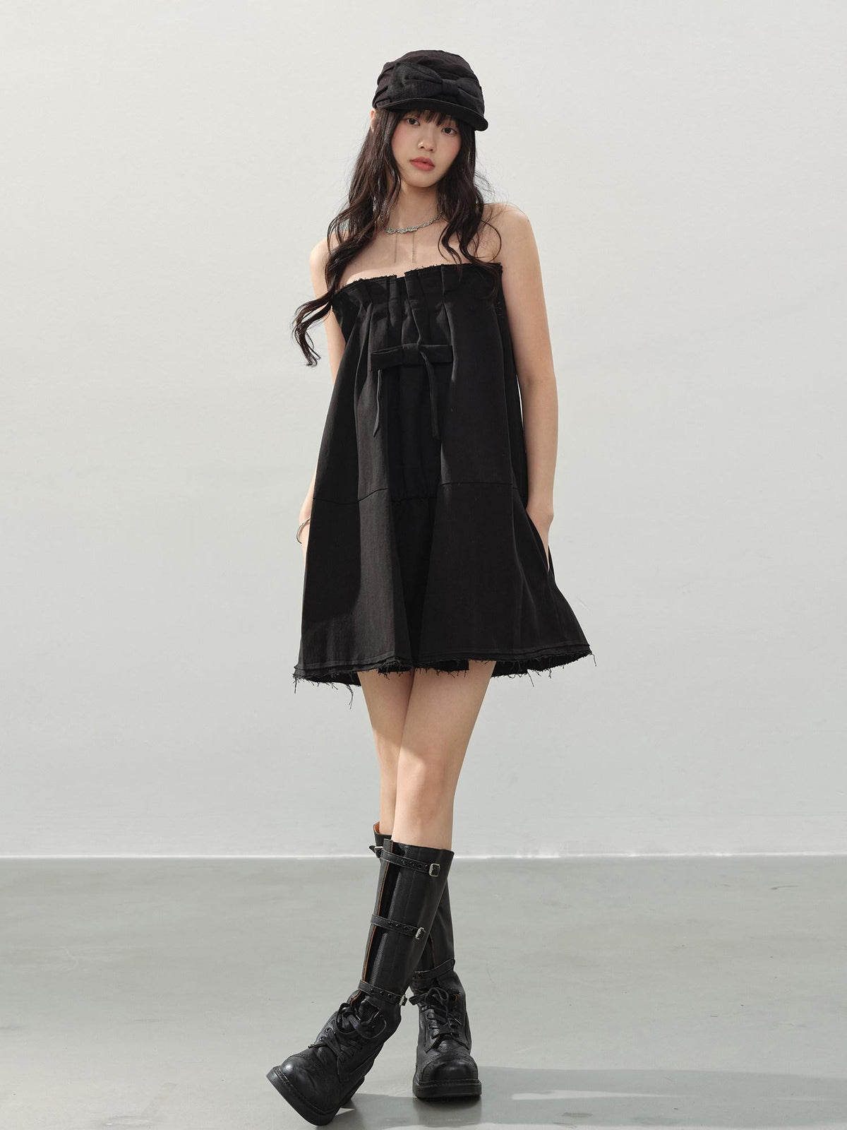 DDGIRL studio Soft Cotton Blend High Waist Bow A Line Strapless Workwear Women Mini Dresses