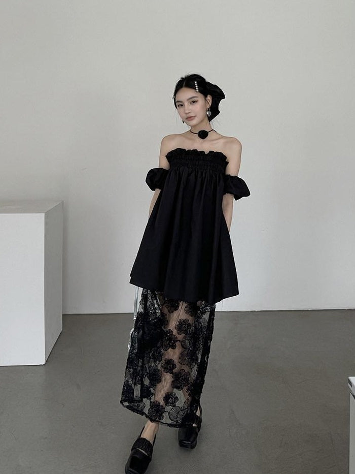 DDGIRL studio Lightweight Cotton Blend Faux Two Piece Off Shoulder Irregular Hem Midi Dresses
