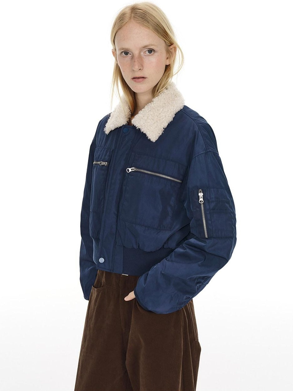 Country Moment Waterproof Cotton Padded Zipper Drop Shoulder Women Navy Cropped Jackets