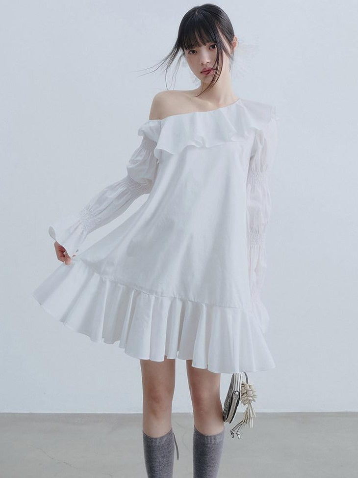 DDGIRL studio Soft Cotton Blend Ruffle High Waist Aline Puff Sleeve Off Shoulder Midi Dresses