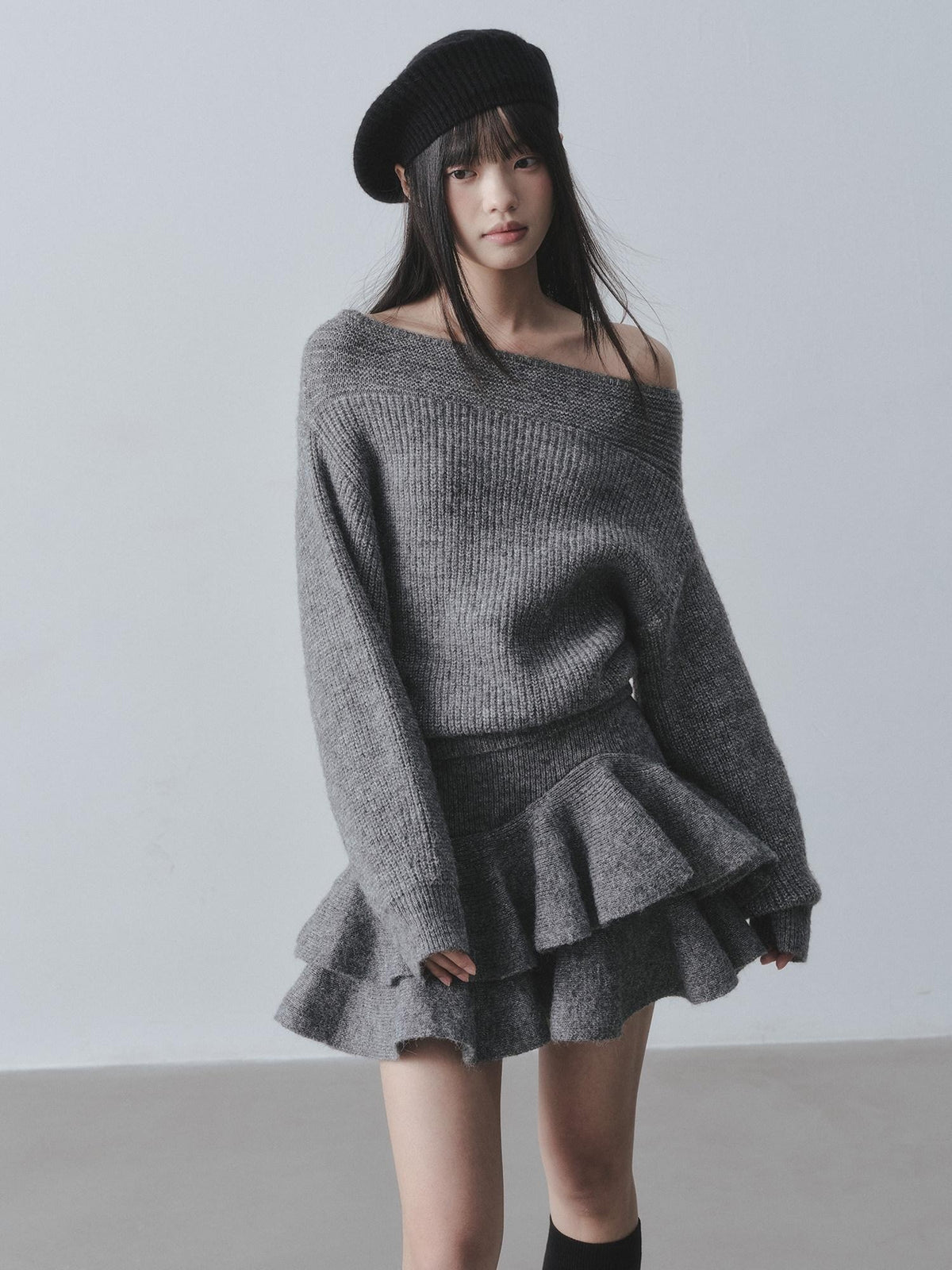 DDGIRL studio Cozy Knit Warm Girly Ruffle Bardot Neckline High Waist Grey Top & Skirt Sets