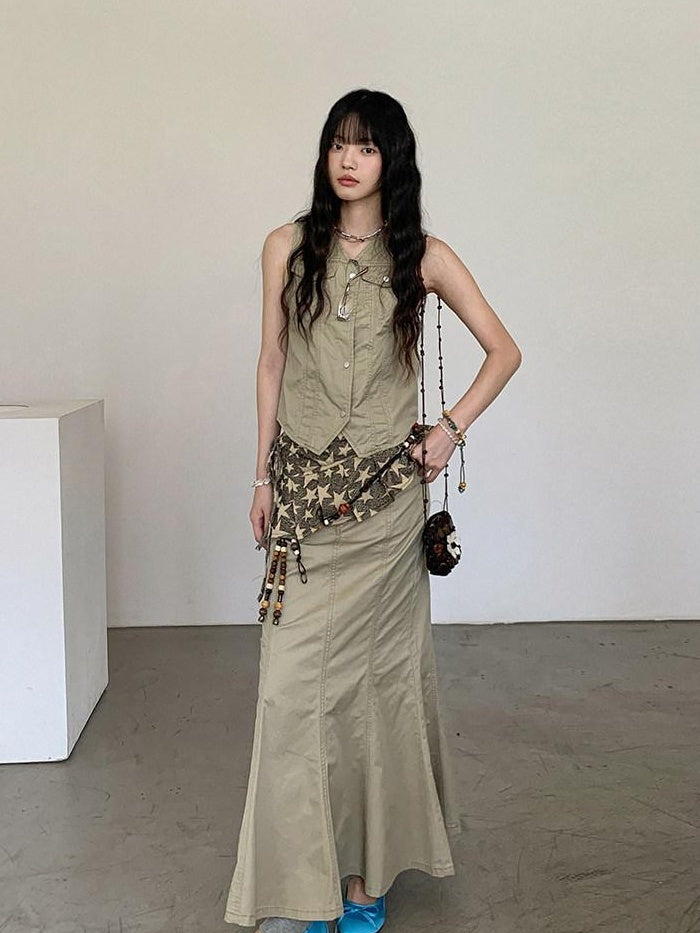 DDGIRL studio High Waist Cotton Fishtail Slim Casual Khaki Women Outdoor Maxi Skirts