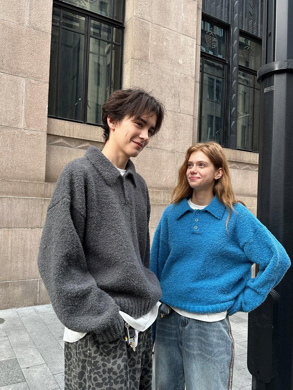 Country Moment Shape Retention Loose Fit Turn Down Collar Unisex Everyday Knit Sweaters