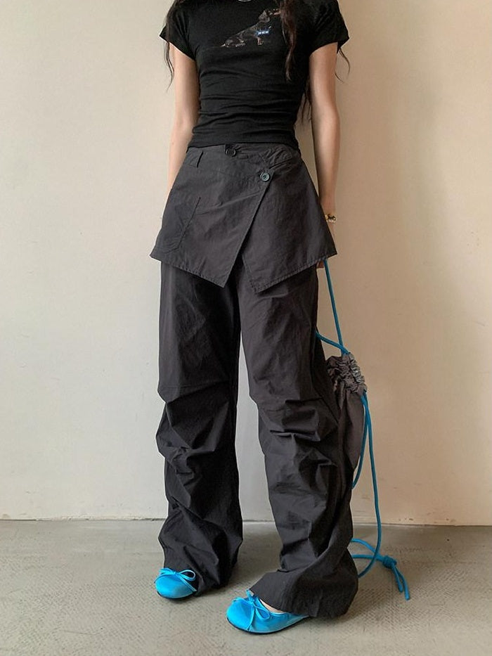 DDGIRL studio High Waist Cotton Cargo Pockets Loose Commuter Women Black Straight Pants