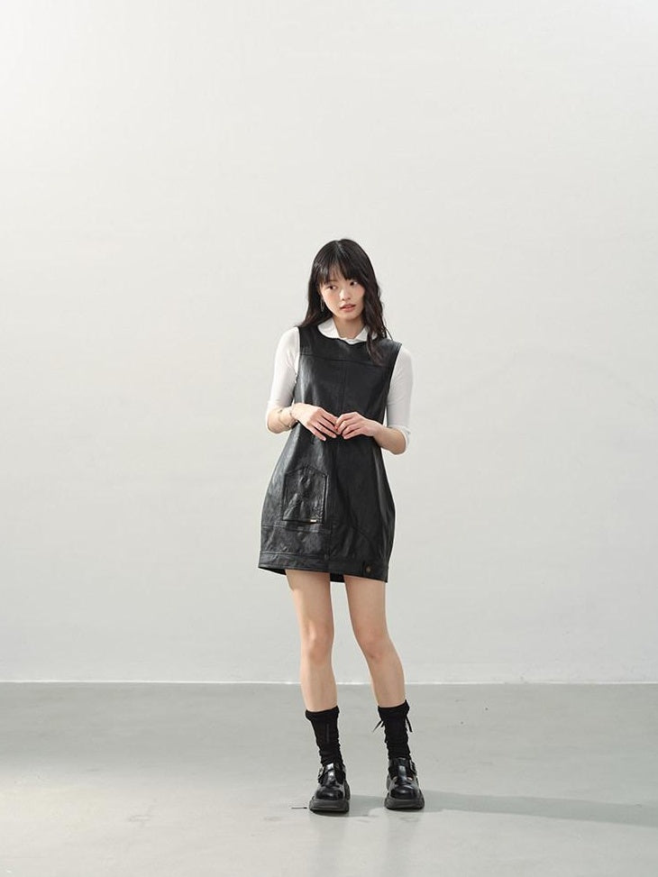 DDGIRL studio Soft Vintage Pu A Line Sleeveless Round Neck Loose Fit Black City Mini Dresses