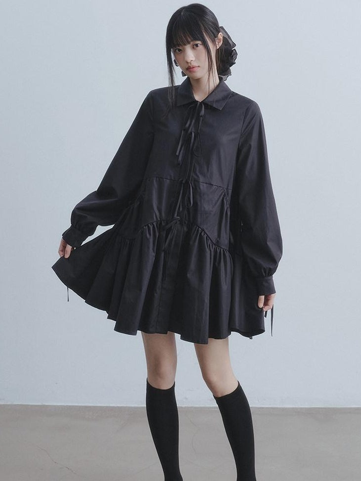 DDGIRL studio Soft High Waist Tie A Line Shirt Dress Office Black Cotton Midi Dresses