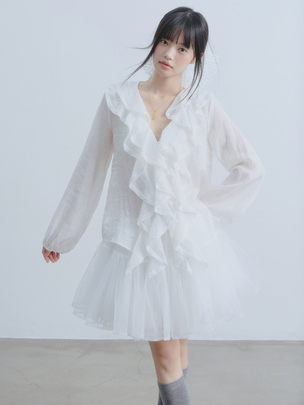 DDGIRL_studio_High_Waist_Mesh_Patchwork_Puff_Loose_Fit_Elastic_Lined_White_Nylon_Mini_Skirts_MISSTT