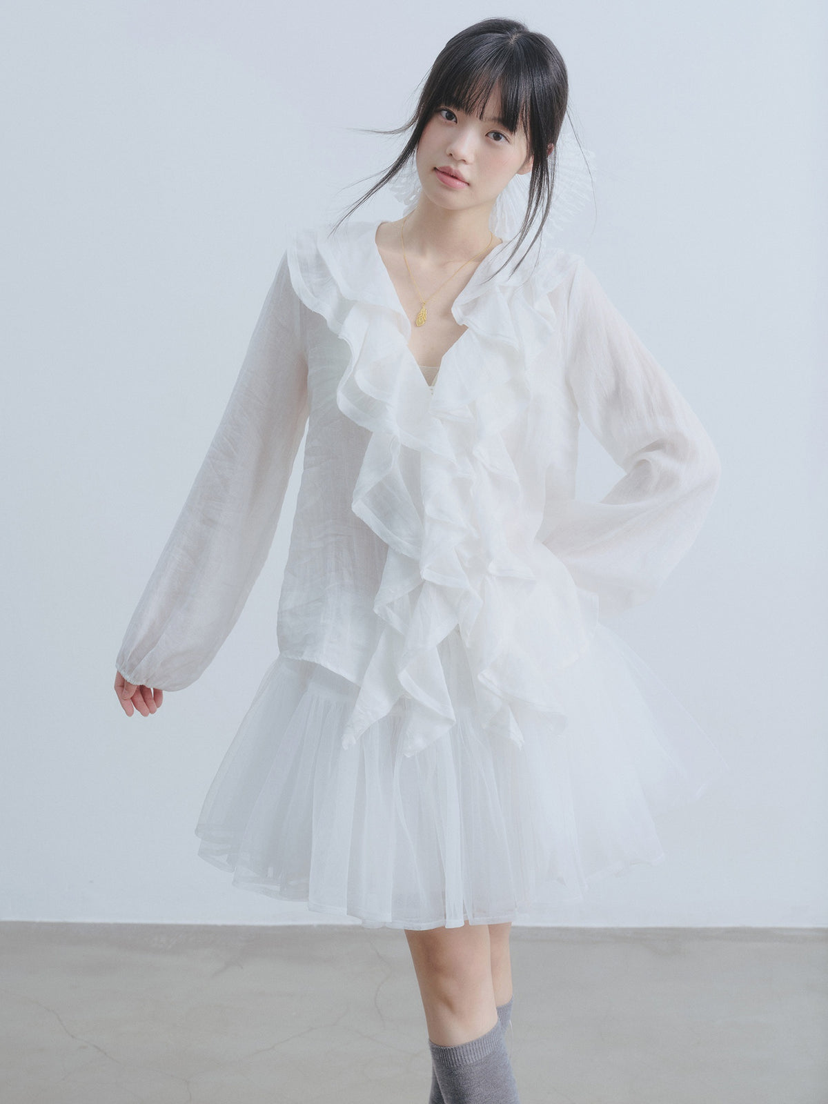 DDGIRL_studio_High_Waist_Mesh_Patchwork_Puff_Loose_Fit_Elastic_Lined_White_Nylon_Mini_Skirts_MISSTT