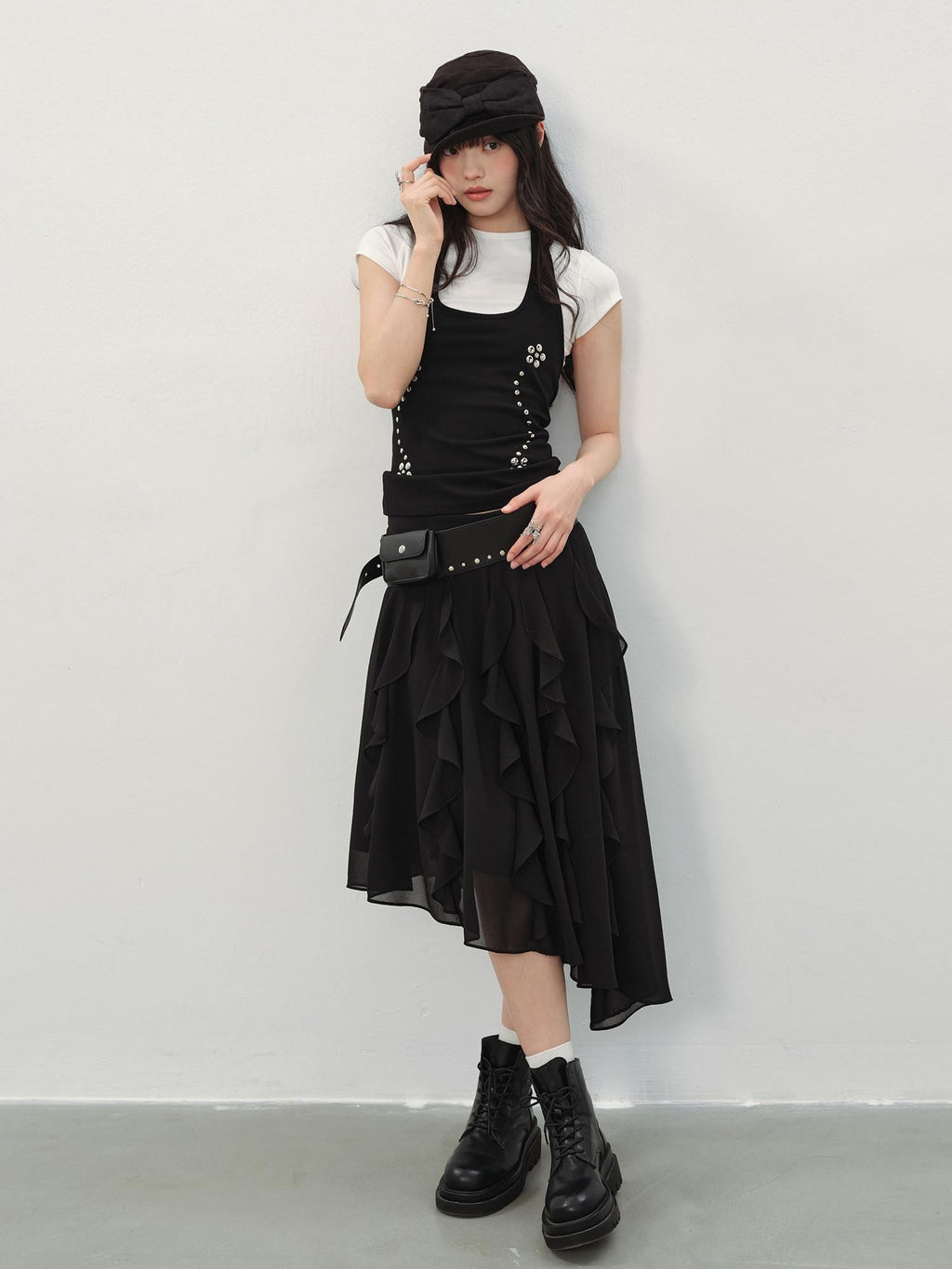 DDGIRL studio Fade Resistant Lined Asymmetrical High Waist Black Irregular Women Midi Skirts