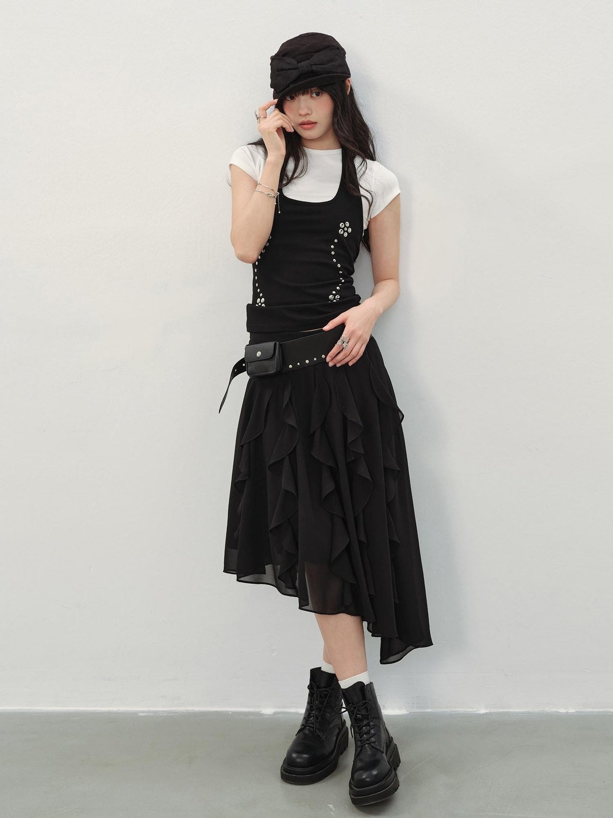 DDGIRL studio Fade Resistant Lined Asymmetrical High Waist Black Irregular Women Midi Skirts