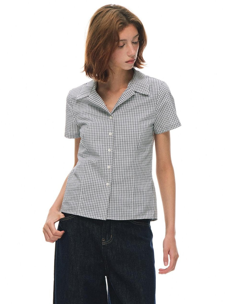 Country Moment Cotton Fitted Button Cuban Collar Black White Plaid Short Sleeve Women Shirts