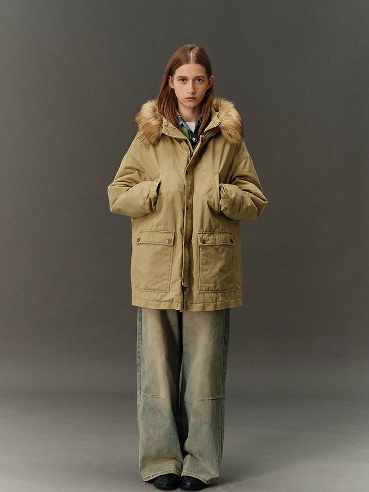 Country Moment Cotton Hooded Straight Fit Mid Length Zipper Street Khaki Green Puffer Jackets