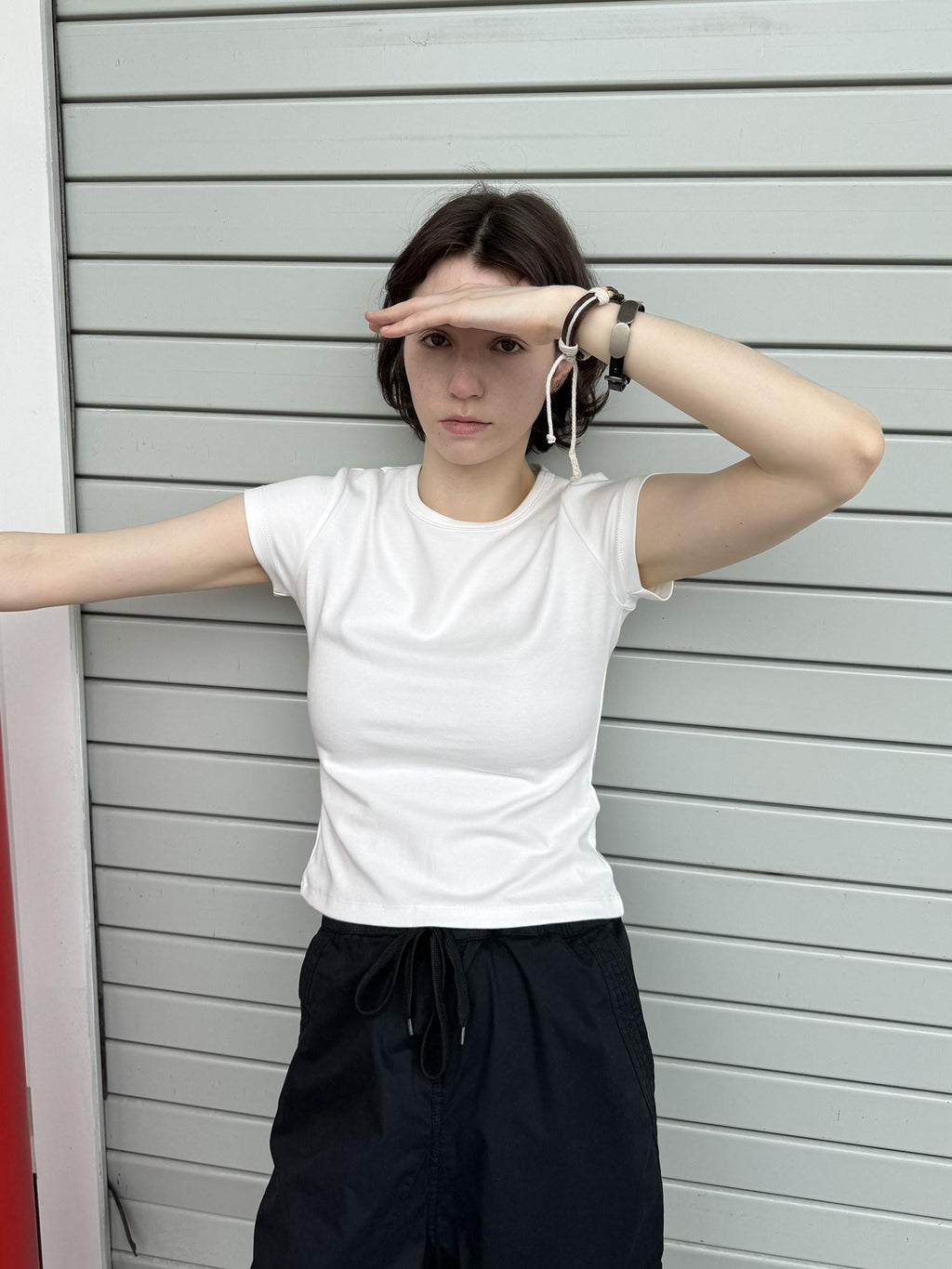 Country Moment Cotton Slim Fit Street Crew Neck Short Sleeve Solid White Teal Basic Crop Tops