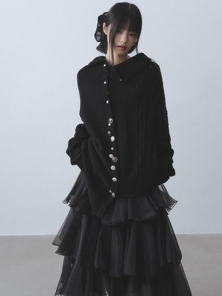 DDGIRL studio Soft Relaxed Ribbed Button Mid Length Women Campus Cotton Blend Black Cardigans