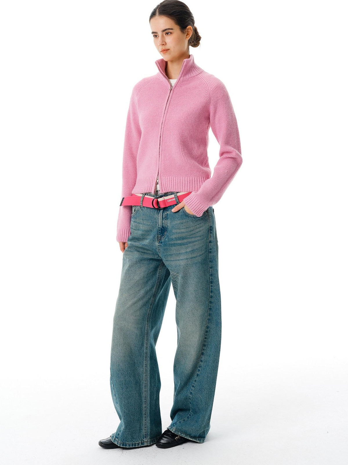 Country Moment Warm Zipper Stand Collar Slim Fit Cardigan Knit Women Rose Purple Sweaters
