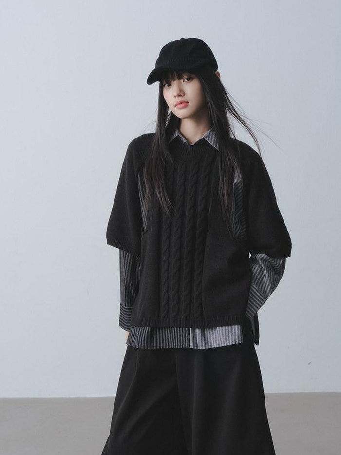 DDGIRL studio Warm Openwork Striped Knit Two Piece Loose Fit Collared Women Sweaters