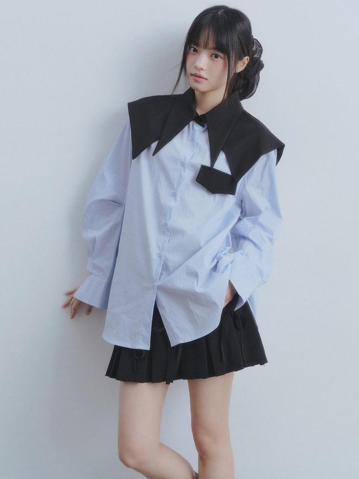 DDGIRL studio Breathable Cotton Loose Faux Layer Pleat Sleeve Striped Navy Collar Shirts