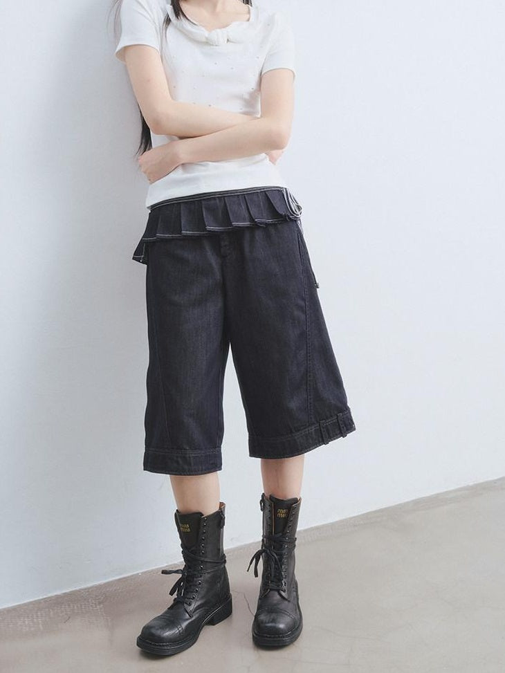 DDGIRL studio Washed High Waisted Pleated Soft Non Stretch Navy Solid Durable Wide Leg Jeans
