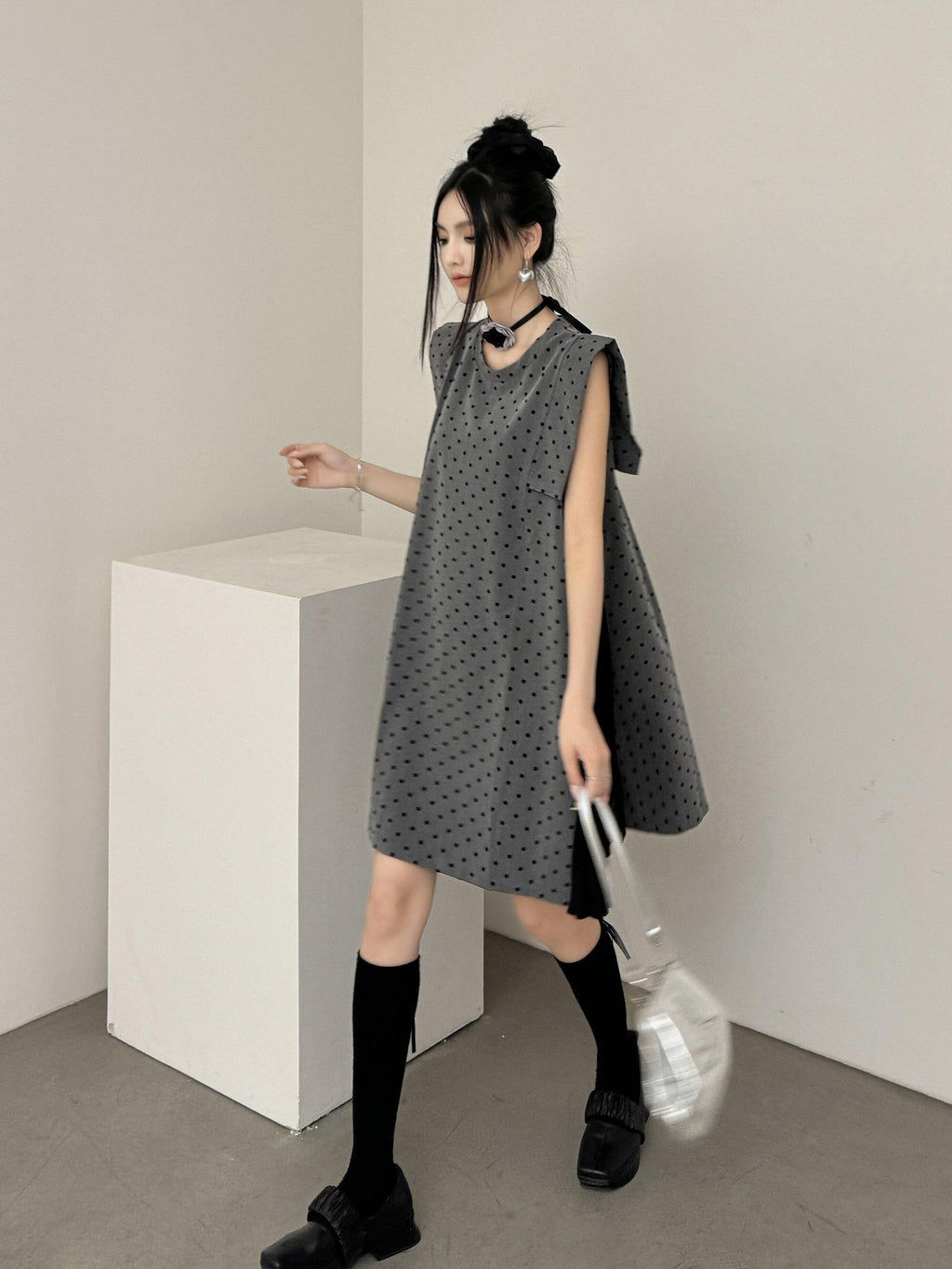 DDGIRL studio Soft Patchwork A Line Loose Fit Sleeveless Commuter Flocked Midi Skirts