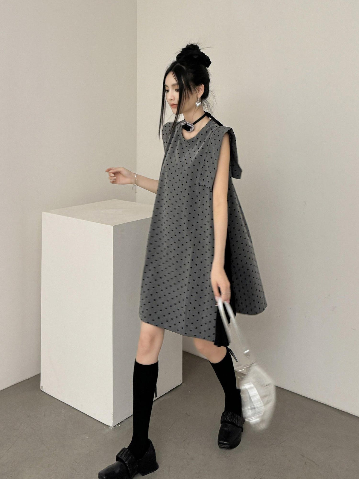 DDGIRL studio Soft Patchwork A Line Loose Fit Sleeveless Commuter Flocked Midi Skirts